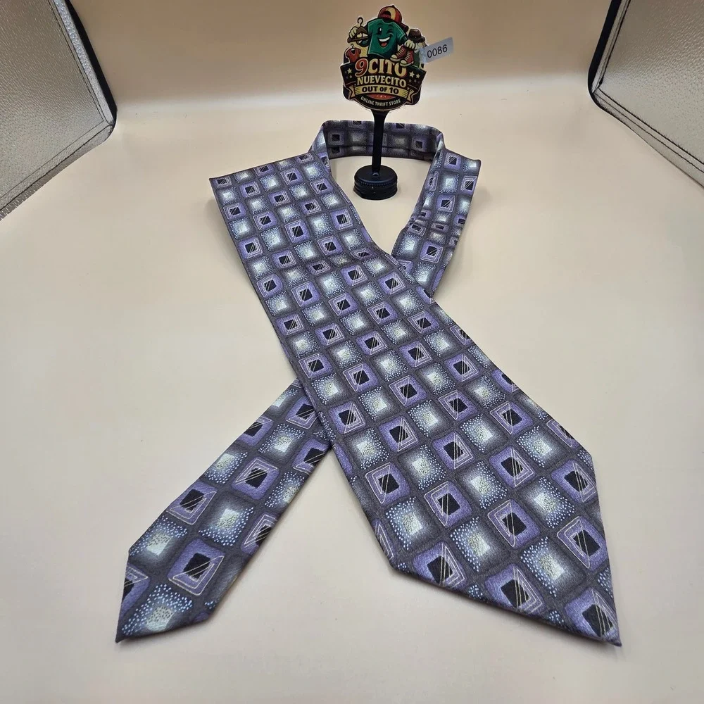 Enrico Guccini Mens Silk Tie Purple Grey Geometric Square Pattern Handmade 4